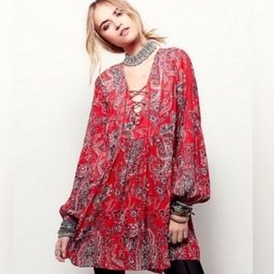 Free People Red Rain or‎ Shine Paisley Tunic Top